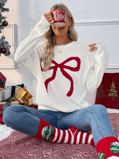 Women's Bow Print Drop Shoulder  Sweater