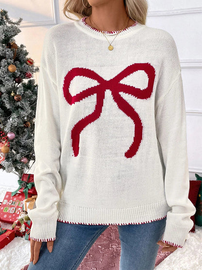 Women's Bow Print Drop Shoulder  Sweater