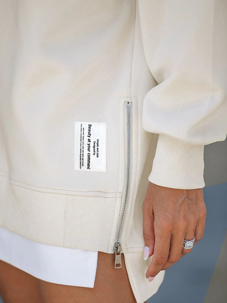 Long Sleeve Drop Shoulder Pullover Casual Zipper Side Slit Top