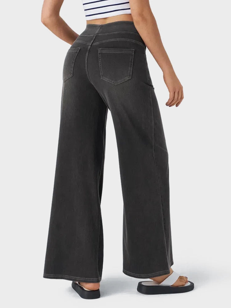 High Waisted Pockets Baggy Wide Leg Washed Casual Jeans