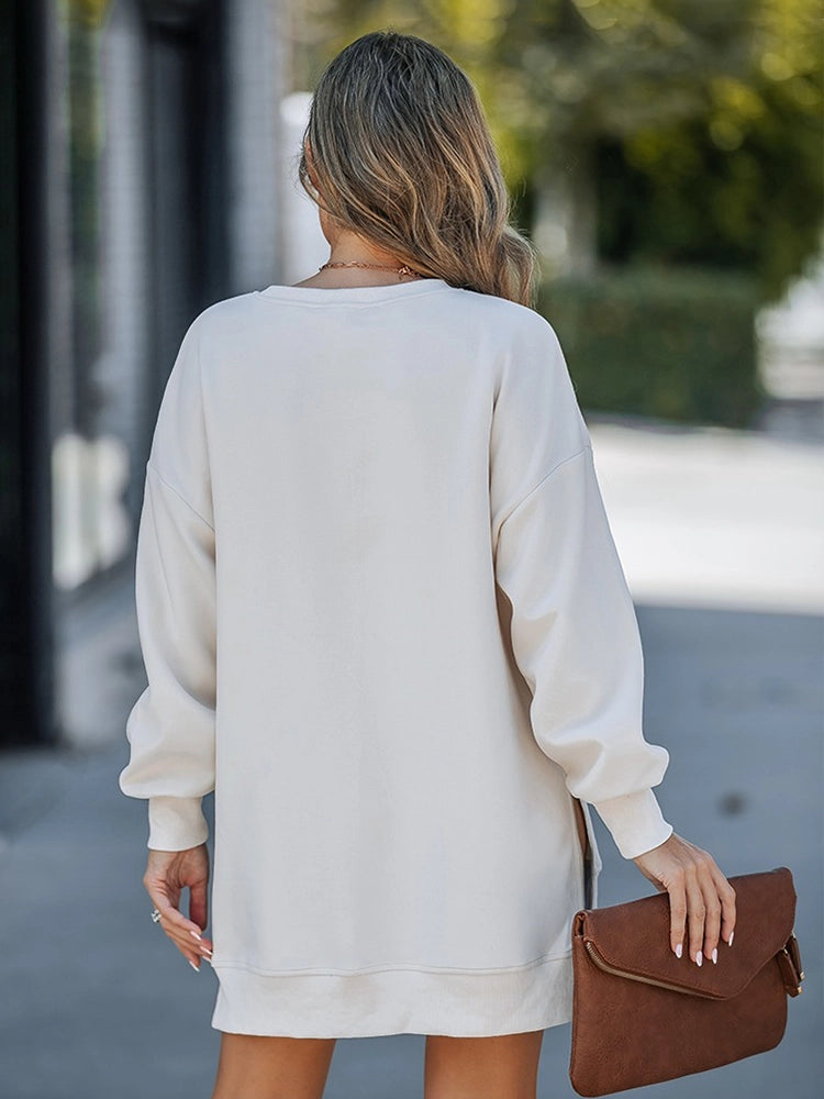 Long Sleeve Drop Shoulder Pullover Casual Zipper Side Slit Top