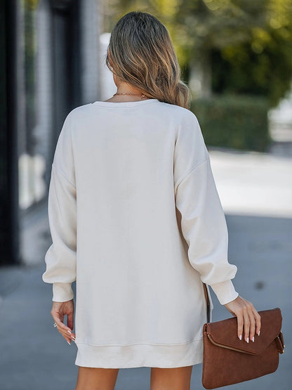 Long Sleeve Drop Shoulder Pullover Casual Zipper Side Slit Top