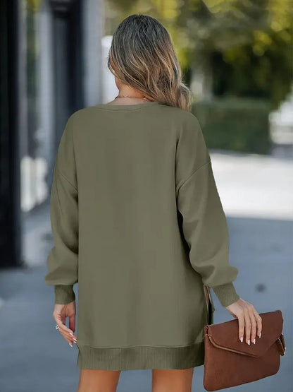 Long Sleeve Drop Shoulder Pullover Casual Zipper Side Slit Top