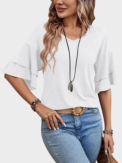 Womens Top Ruffle Sleeve Blouses V Neck T Shirts Casual Outfit Bell Sleeve Tee