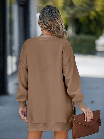 Long Sleeve Drop Shoulder Pullover Casual Zipper Side Slit Top