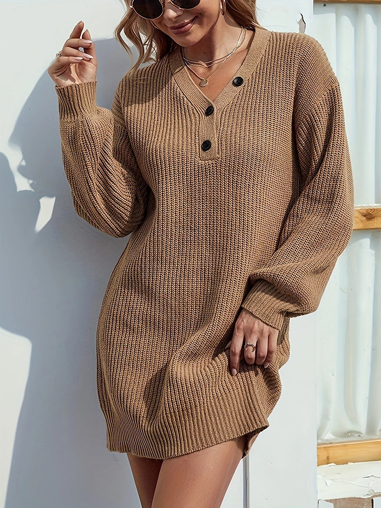 Womens V Neck Mini Sweater Dress Long Lantern Sleeve Pullover Sweaters