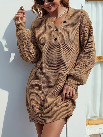 Womens V Neck Mini Sweater Dress Long Lantern Sleeve Pullover Sweaters