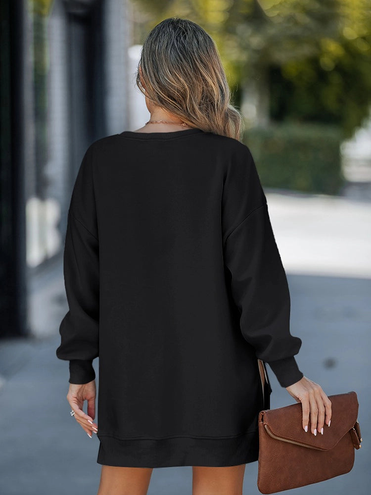 Long Sleeve Drop Shoulder Pullover Casual Zipper Side Slit Top