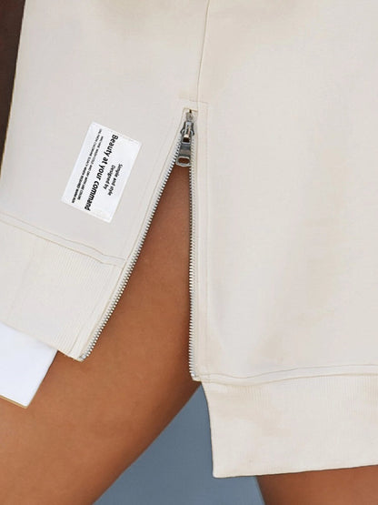 Long Sleeve Drop Shoulder Pullover Casual Zipper Side Slit Top